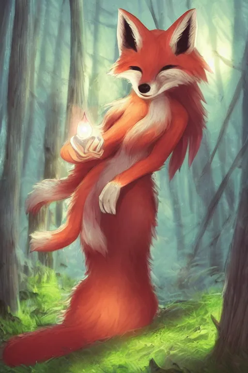 Image similar to a pretty medieval anthropomorphic fox with a fluffy tail in the forest, comic art, trending on furaffinity, cartoon, kawaii, backlighting, furry art!!!, radiant light, bokeh, trending on artstation, digital art