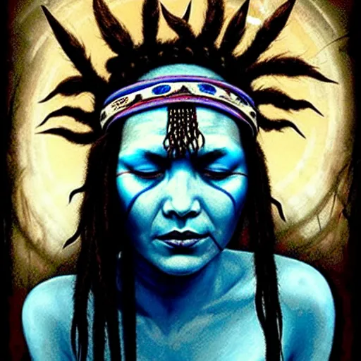 Image similar to A young blindfolded shaman woman with a decorated headband, in the style of heilung, blue hair dreadlocks and wood on her head., made by karol bak