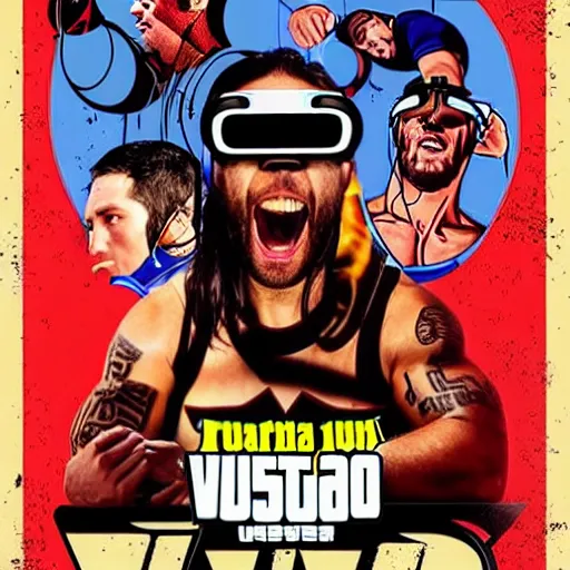 Image similar to cinematic poster art of wrestlers wearing vr headsets, gta cover style, tap out, wrestlemania poster, ufc, digital illustration by basil gogos