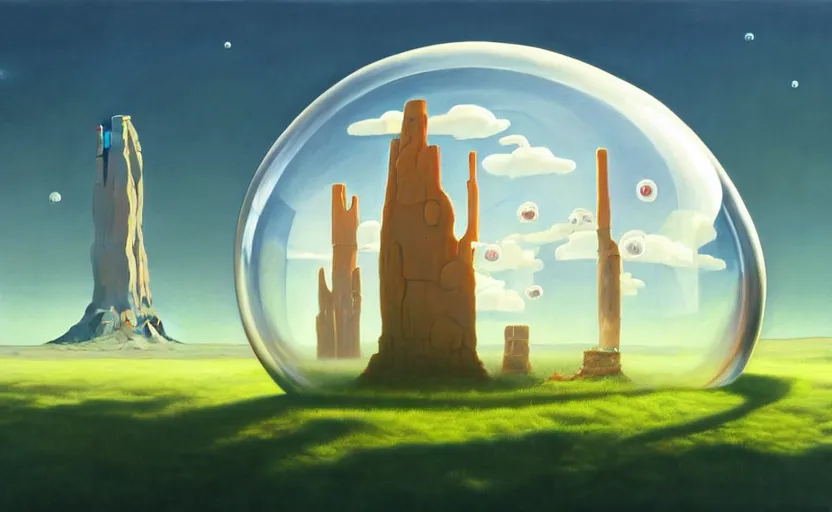 Image similar to a scary hyperrealist painting of a rocketship in a giant transparent cubic bubble from howl's moving castle ( 2 0 0 4 ) in a flooded monument valley stonehenge jungle. depth perception, 4 k, artstation, in the style of studio ghibli