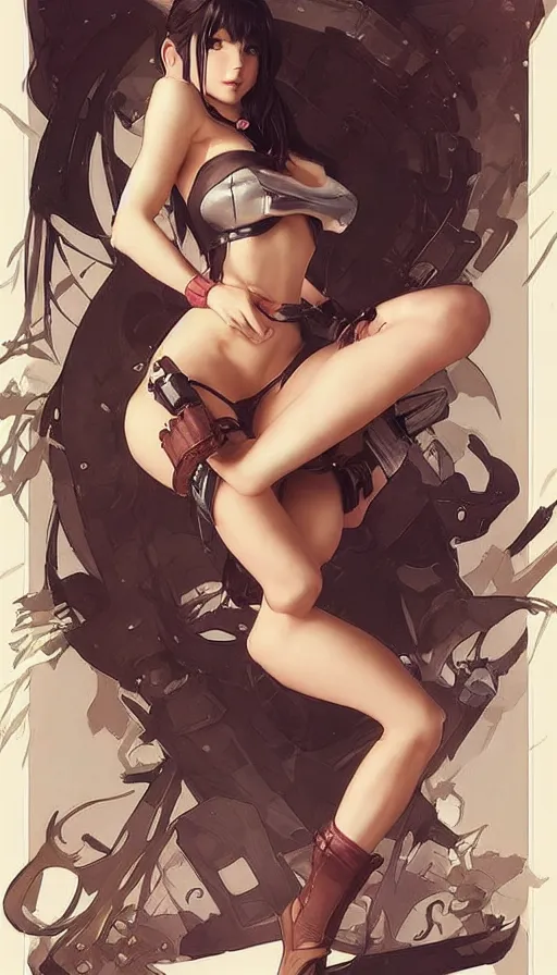 Prompt: tifa lockhart in a cute pinup pose by artgerm, greg rutkowski and alphonse mucha, concept art, matte, intricate, full body, epic composition