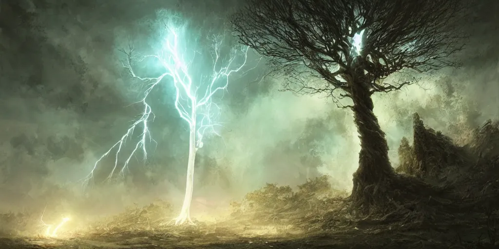 Image similar to the lightning tree, overexposure, electricity, night, unreal engine, digital art, 8 k, oil painting, fantasy art, illustration, detailed and intricate environment