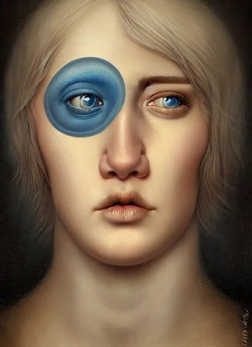 Image similar to an unnerving portrait of a potato with beautiful blue eyes and short blond hair, art tom bagshaw