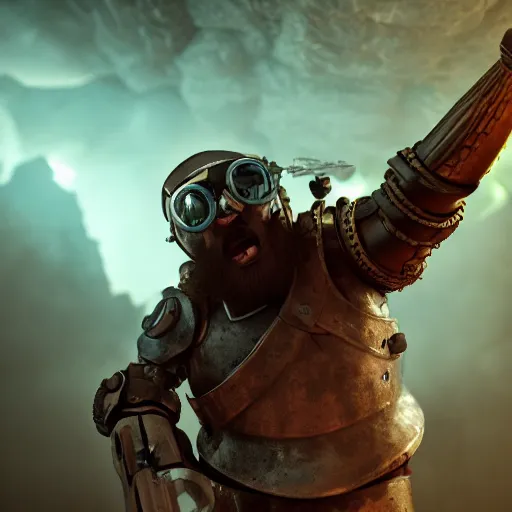 Image similar to highly detailed octane render of a close up portrait of an ugly man with a beard wearing goggles and armour and screaming in a cave whilst shooting a grenade launcher at a giant insect