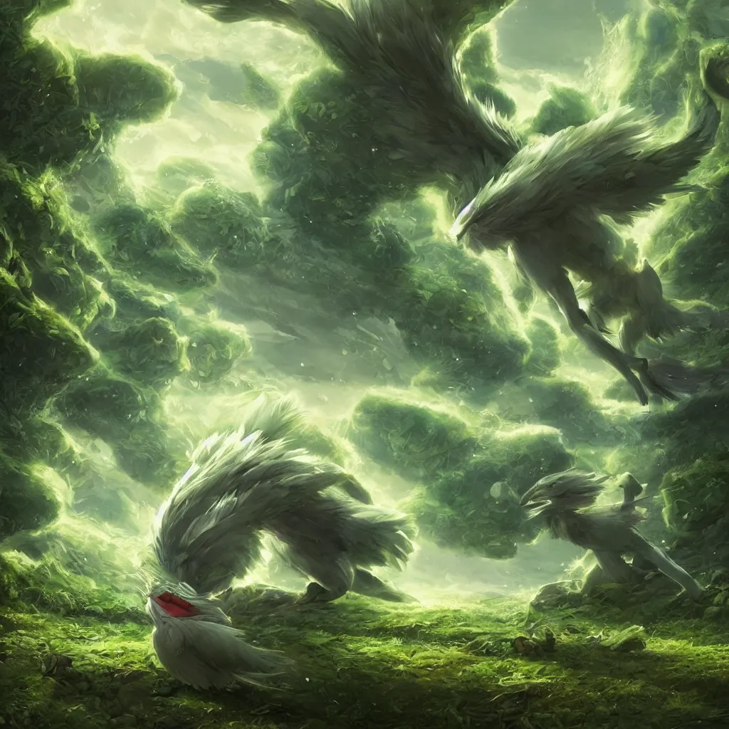 Image similar to a cute beautiful earth type pokemon, green feathers bursting out of his hair, full body shot, highly detailed digital art, 3 d perspective, award - winning illustration, aesthetic, smooth, pokemon style, made by greg rutkowski, with an alien landscape in the background