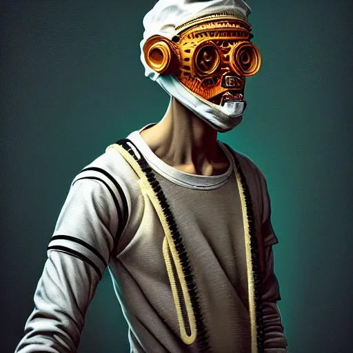 Image similar to Colour Caravaggio style Photography of Highly detailed brutal Gopnik with 1000 years perfect face and wearing detailed Ukrainian folk costume designed by Taras Shevchenko also wearing highly detailed retrofuturistic sci-fi Neural interface designed by Josan Gonzalez. Many details In style of Josan Gonzalez and Mike Winkelmann and andgreg rutkowski and alphonse muchaand and Caspar David Friedrich and Stephen Hickman and James Gurney and Hiromasa Ogura. Rendered in Blender and Octane Render volumetric natural light