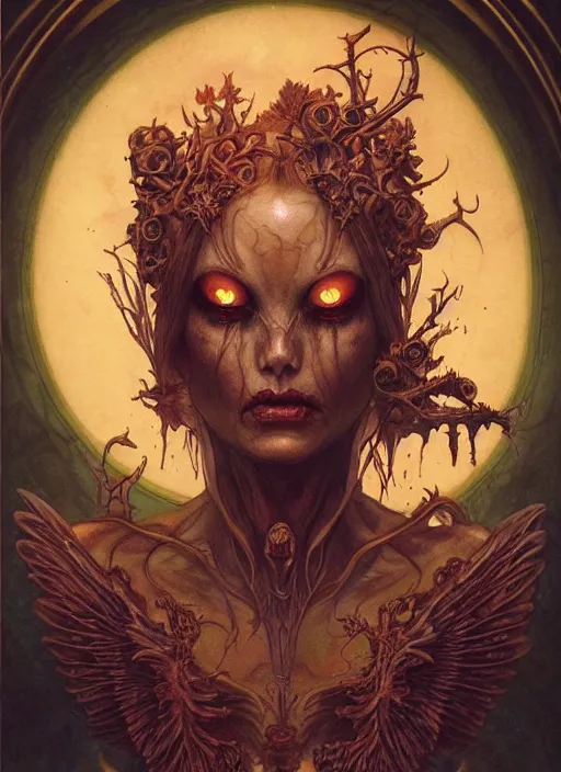 Prompt: perfectly centered portrait front view of a angry dead rotten beautiful female angel growing ornamentation all around, ornate, detailed, symmetrical, elegant, beautifully soft lit, by wayne barlowe, peter mohrbacher, kelly mckernan
