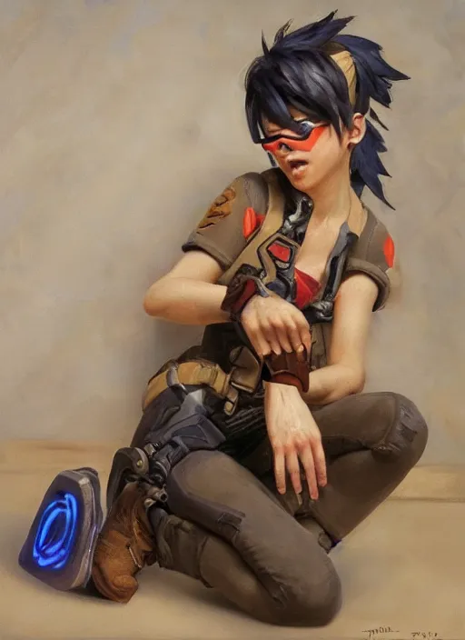 Image similar to oil painting of crying depressed screaming tracer overwatch in the style of sophie anderson, on knees,