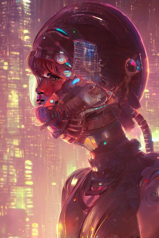 Image similar to portrait futuristic Cyber warrior Girl, in future cyberpunk tokyo rooftop , ssci-fi, fantasy, intricate, very very beautiful, elegant, neon light, highly detailed, digital painting, artstation, concept art, smooth, sharp focus, illustration, art by alphonse mucha and tian zi and WLOP