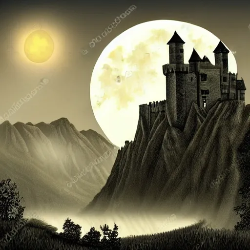 Image similar to highly detailed, silhouette of a castle on misty mountains, beautiful, calm, full moon, digital art