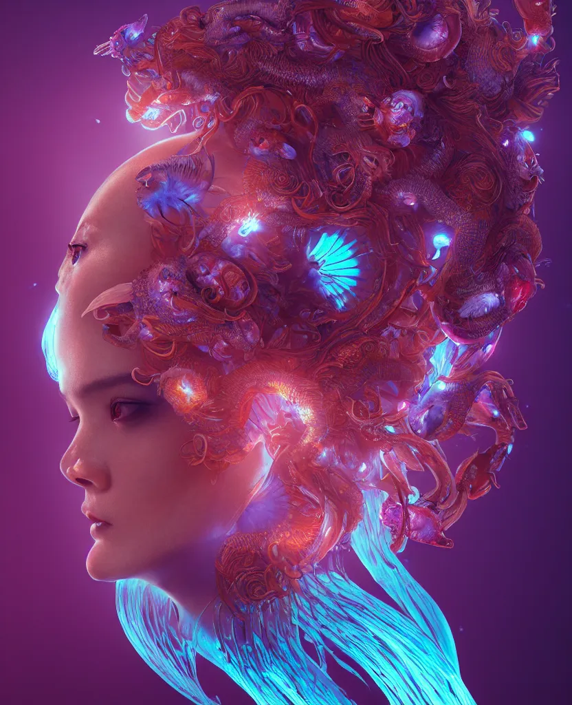 Image similar to goddess close-up portrait. chimera orchid jellyfish phoenix head, nautilus, skull, betta fish, bioluminiscent creatures, intricate artwork by Tooth Wu and wlop and beeple. octane render, trending on artstation, greg rutkowski very coherent symmetrical artwork. cinematic, hyper realism, high detail, octane render, 8k