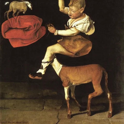 Prompt: court dwarf riding a goat, by diego velazquez