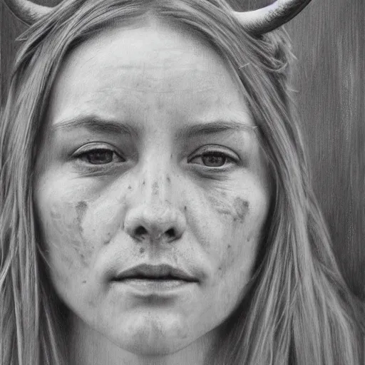 Image similar to the horned beauty, ( 1 4 5 0 ). portrait, by paul cadden. traditional pencil masterpiece on canvas. dry media. private collection. retouched face, restored