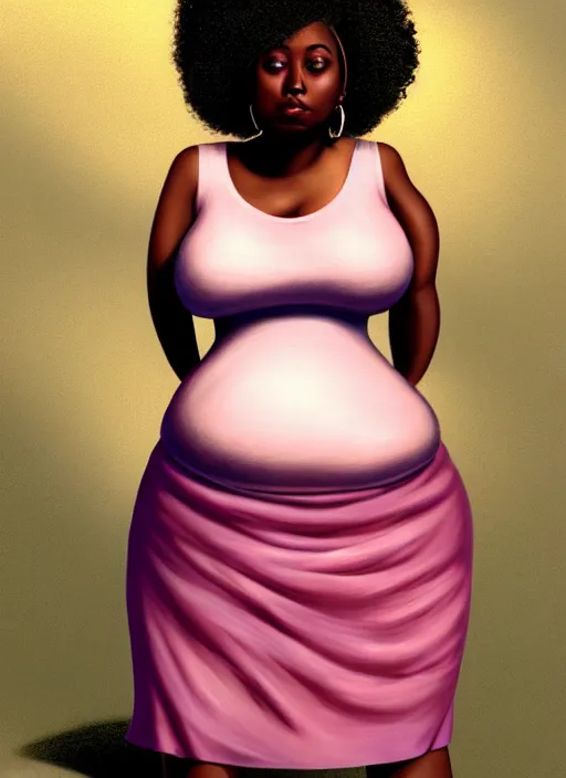 Image similar to full body portrait, teenage vanessa morgan, pink hair, dark skin, obese, curly pixie hair, sultry, realistic, short hair, hoop earrings, skirt, shirt, fat, belly, intricate, elegant, highly detailed, digital painting, artstation, concept art, smooth, sharp focus, illustration, art by wlop, mars ravelo and greg rutkowski