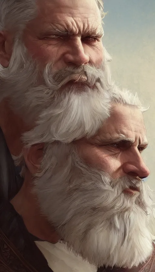 Image similar to mayor, sweaty, white hair and beard, insane, intricate, highly detailed, digital painting, artstation, concept art, smooth, sharp focus, illustration, Unreal Engine 5, 8K, art by artgerm and greg rutkowski and alphonse mucha