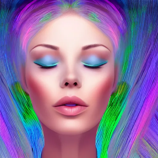 Prompt: portrait of a beautiful woman with iridescent translucent hair, her eyes are closed, hair is floating, digital art, ethereal