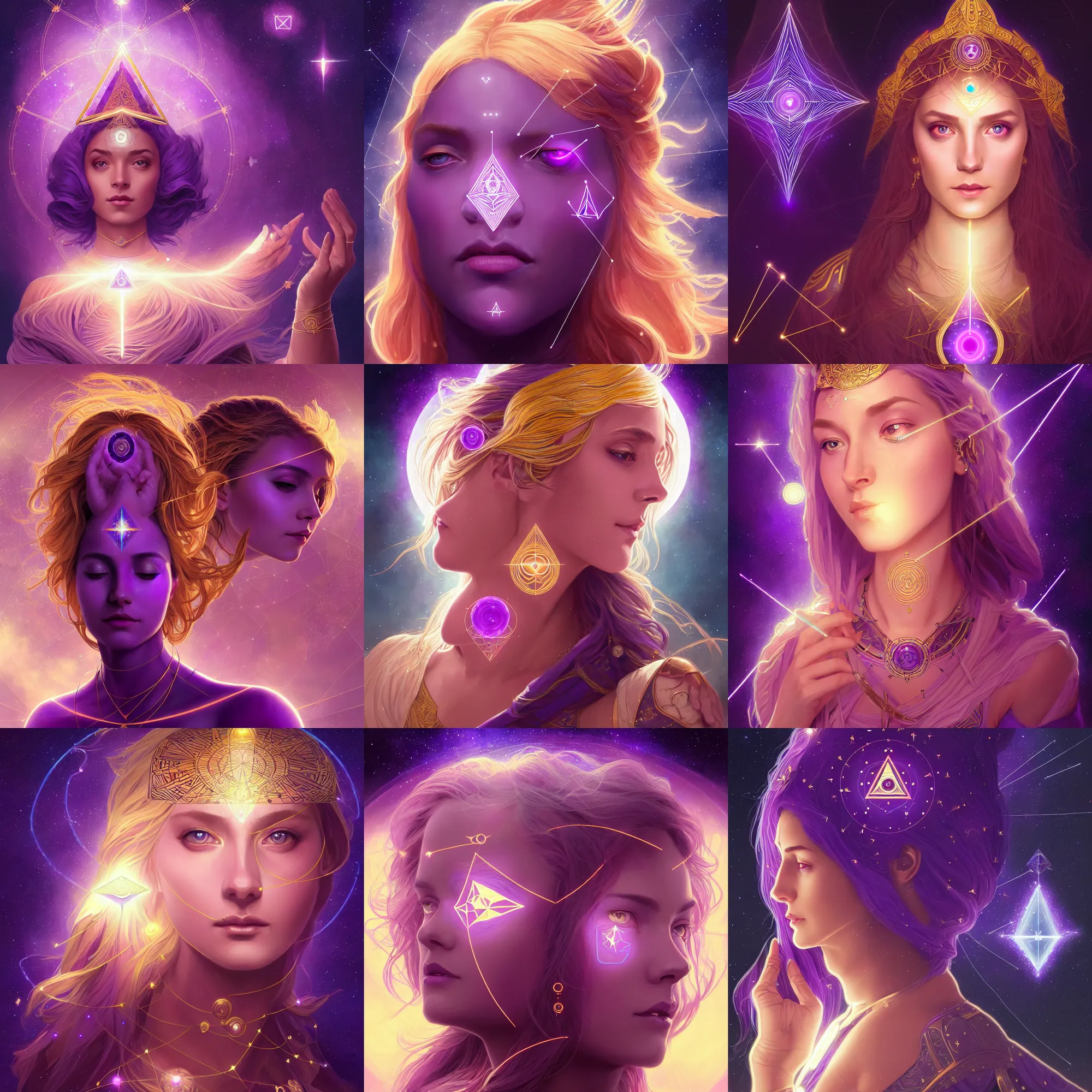 Prompt: a gallent goddess with glowing purple third eye chakra and golden hair, geometric third eye triangle, sci - fi face, constellation geometry mandal background, breathtaking stars, elegant, highly detailed, digital painting, artstation, concept art, smooth, sharp focus, spiritual art, art by artgerm and greg rutkowski and alphonse mucha, psychedelic