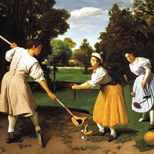 Prompt: seinfeld playing croquet in the garden, oil on canvas, highly detailed, warm color scheme, soft lighting, sharp focus, adelaide labille - guiard, artemisia gentileschi