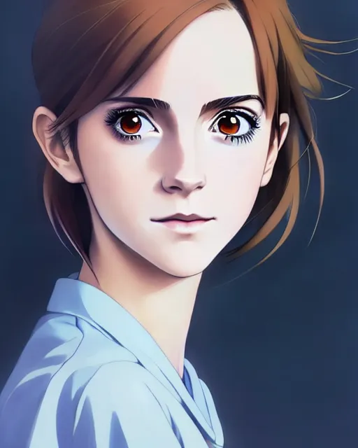 Image similar to Anime as Emma Watson playing Hermione Granger. Cute fine face. Pretty face. Cute smile. Realistic shaded. Perfect face. Fine details. Anime. Realistic shaded lighting. Ilya Kuvshinov. Katsuhiro Otomo. Ghost in the shell. Magali Villeneuve. artgerm. Jeremy Lipkin. Michael Garmash. Rob Rey,