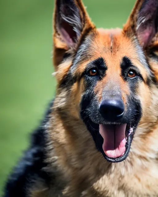 Prompt: closeup portrait photograph of a happy german shepherd