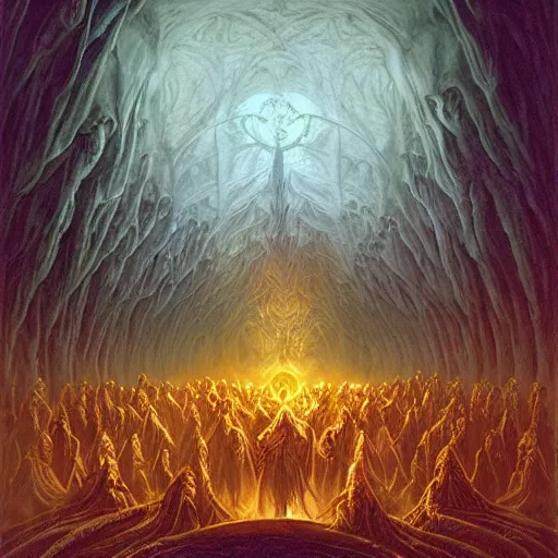 Image similar to a dark cabal of hooded elven mystics in long dark robes gathered in a circular formation around a highly advanced machine containing spirits of the dead, dan seagrave art, michael whelan