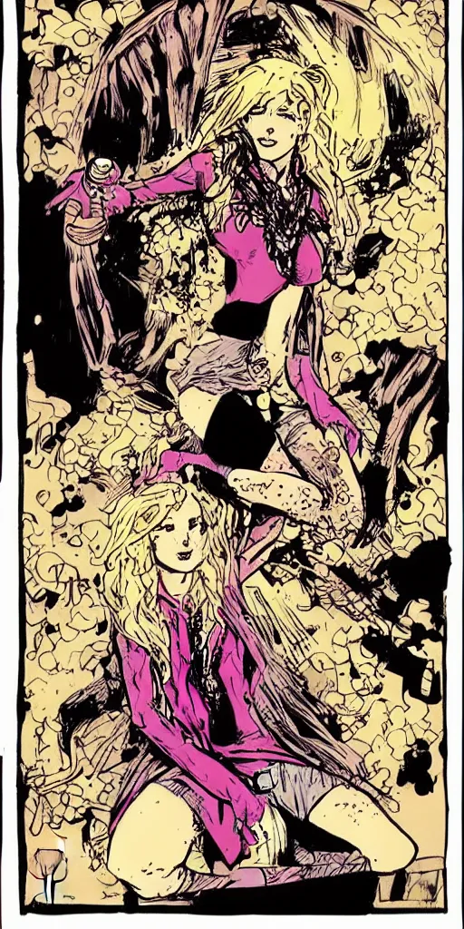 Prompt: “ a woman with golden hair, beautiful, art by paul pope ”