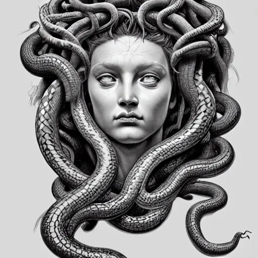 Prompt: beautiful bust of medusa from greek mythology, gorgon, living snakes cobras in his head hair, snakes in place of hair, symmetrical, pencil drawing, hyperdetailed, 8 k realistic, trending on artstation, by kelvin okafor and marco mazzoni and pierre - yves riveau