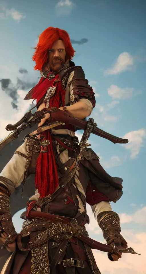 Prompt: A red headed sky-pirate with pistol and sword, epic fantasy, octane render, high detail, photorealistic, High details,4k