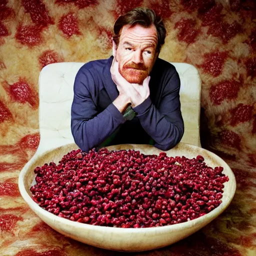 Prompt: bryan cranston's body is a bowl of cranberries with legs, long neck, body submerged in cranberries, natural light, sharp, detailed face, magazine, press, photo, steve mccurry, david lazar, canon, nikon, focus