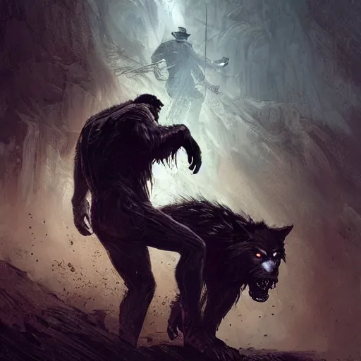 Prompt: A werewolf and a preacher in black with a short haircut and widows peak driving a small red bulldozer, marvel, dark, intricate, highly detailed, smooth, artstation, digital illustration by Ruan Jia and Mandy Jurgens and Artgerm and Wayne Barlowe and Greg Rutkowski and Zdislav Beksinski