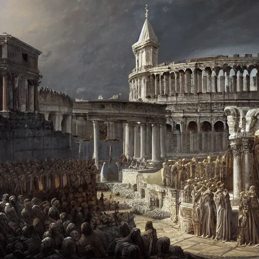 Image similar to the holy kingdom of Julius Caeser, roman historic works, ruins, silver and gold, hyperdetailed, artstation trending, world renowned artists, worth1000.com, historic artworks society, antique renewel, cgsociety, by greg rutkowski, by Gustave Dore, Deviantart