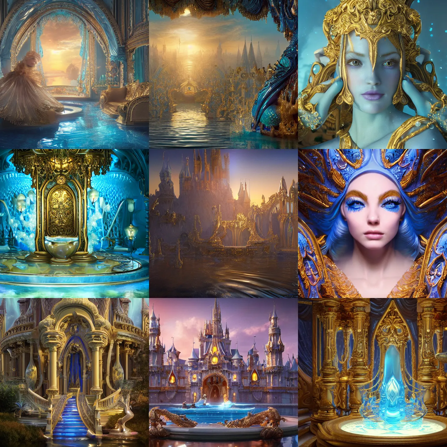 Prompt: polished decadent ornate masterpiece : tcloseup fantasy with water magic, at gentle dawn blue light, weta disney pixar movie still photo : : hi - fructose, sci fi, fantasy, highly - detailed digital painting, golden ratio, accent lighting, octane render, artstation, smooth, sharp focus, beeple, rutkowski, mucha