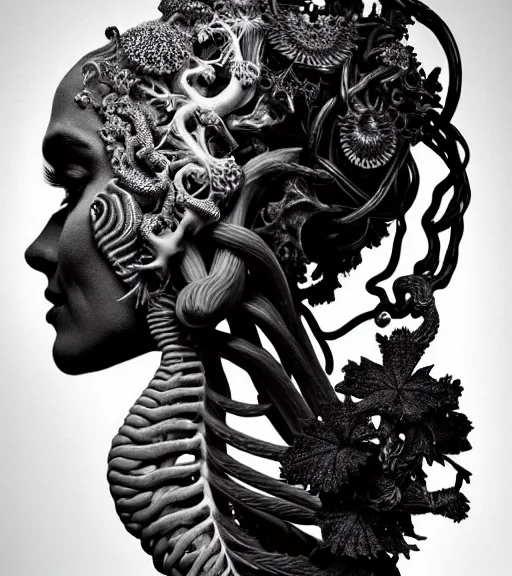 Image similar to dark background, a black and white high quality dreamy photo of a young beautiful female queen-vegetal-dragon-cyborg bust with a very long neck and delicate Mandelbrot fractal face, anatomical, facial muscles, veins, arteries, elegant, highly detailed, flesh highly baroque ornate, hair are curled wired cables, elegant, poetic, dreamy, mysterious, high fashion, rim light, in the style of Ellen von Unwerth, Realistic, Refined, Digital Art, Highly Detailed, Cinematic Lighting, rim light, black and white, photo-realistic, 8K