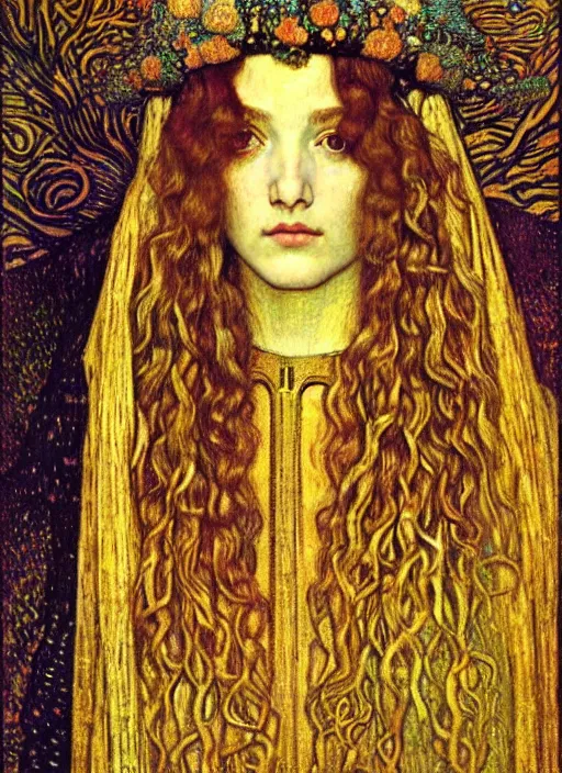 Image similar to detailed realistic beautiful young medieval queen face portrait by jean delville, gustav klimt and vincent van gogh, art nouveau, symbolist, visionary, gothic, pre - raphaelite, muted earthy colors, desaturated