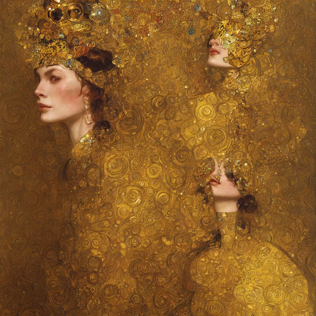 Image similar to seamless intricate klimt golden motives and textures pattern, hyper detailed, ornamental gold headpiece, octane render, vivid colors, artstation, by jeremy mann, by alphonse mucha, by klimt