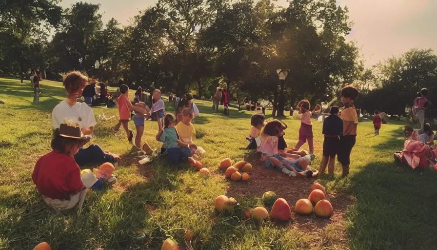 Image similar to 1990s candid photo of a beautiful day at the park, cinematic lighting, cinematic look, golden hour, large personified fruit people in the background, Enormous fruit people with friendly faces, kids talking to fruit people, UHD