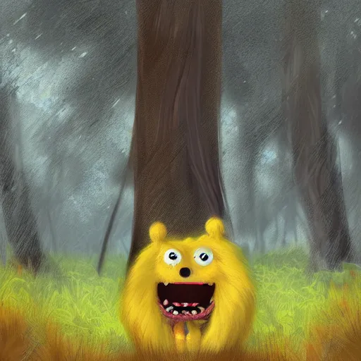 Image similar to A cute yellow furry monster in the forest, digital art