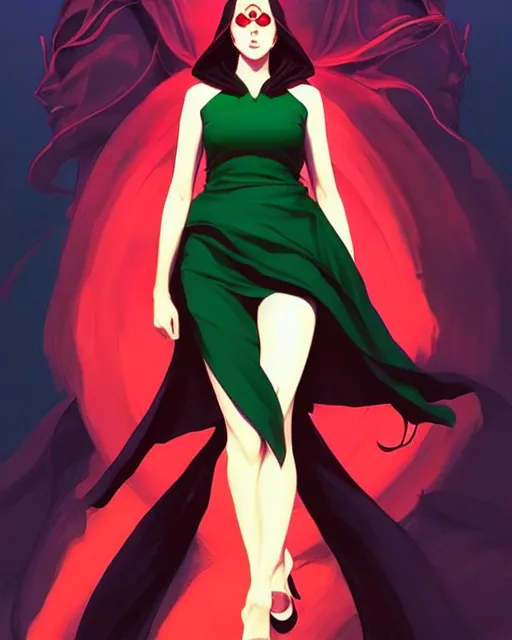 Prompt: Joshua Middleton comic art, artgerm, Mandy Jurgens art, cinematics lighting, beautiful Anna Kendrick supervillain, green dress with a black hood, angry, symmetrical face, Symmetrical eyes, full body, flying in the air over city, night time, red mood in background