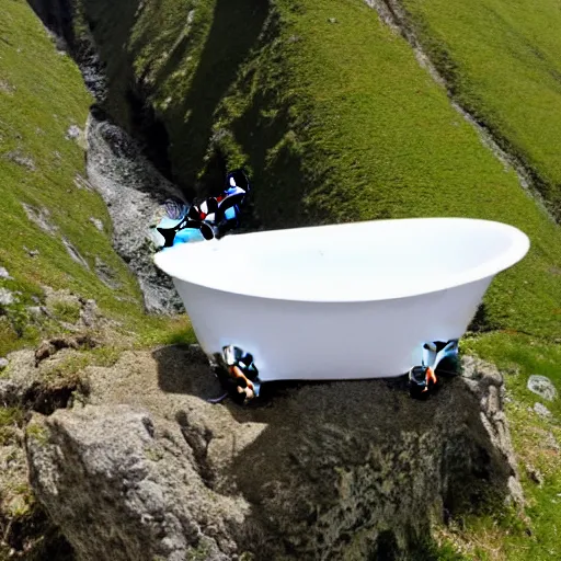 Prompt: dragonfly in a bathtub in the alps, goat!!!!! in background