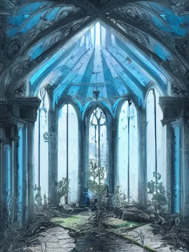 Prompt: interior of an overgrown church, blue color palette, concept art, detailed, intricate complexity, artstation