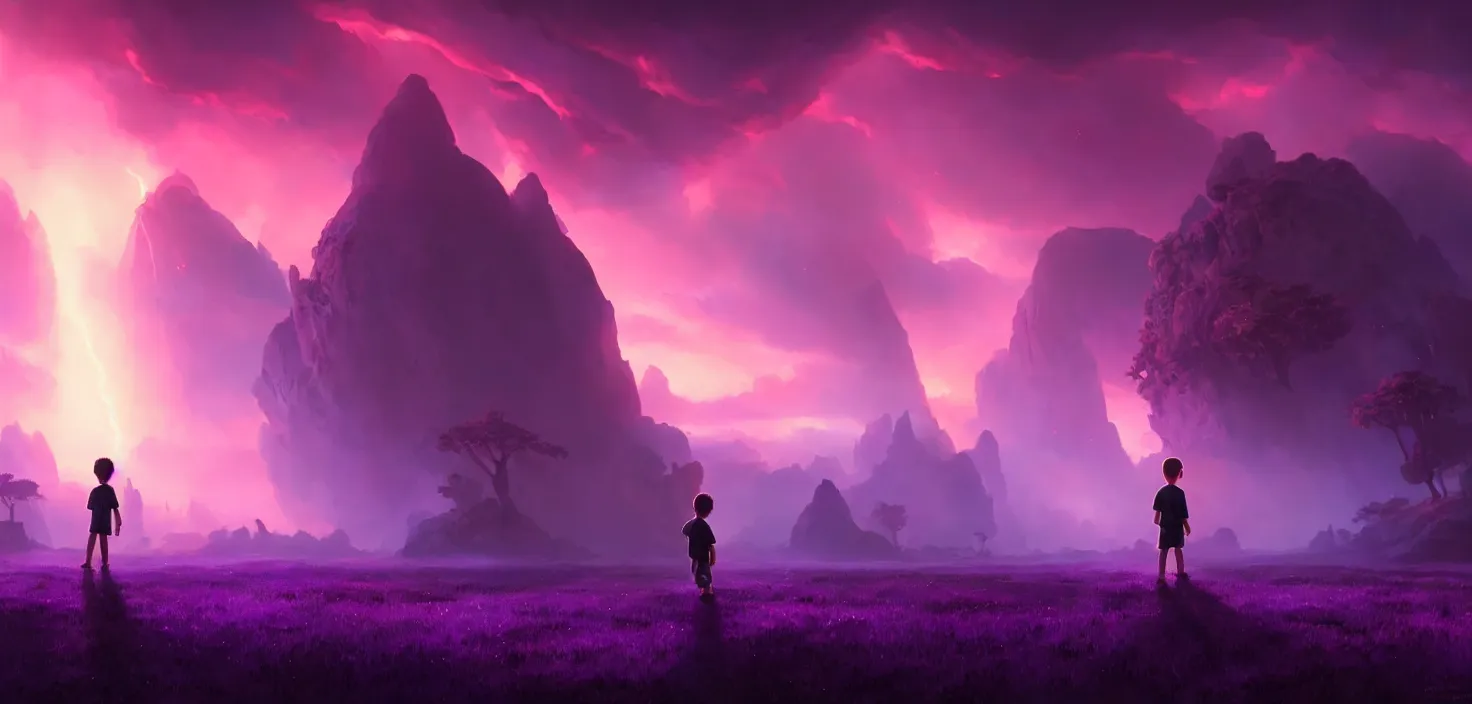 Prompt: a kid standing in front of the glowing purple entrance to go to another place, cinematic view, epic sky, detailed, concept art, low angle, high detail, warm lighting, volumetric, godrays, vivid, beautiful, trending on artstation, by jordan grimmer, huge scene, grass, art greg rutkowski