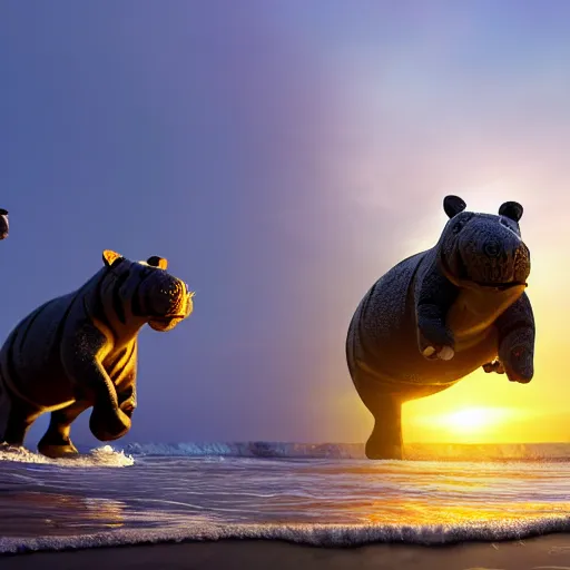 Image similar to a closeup photorealistic photograph of a cute smiling knitted tiger hippopotamus chasing after beachballs during sunset. surf in background. professional capture. this 4 k hd image is trending on artstation, featured on behance, well - rendered, extra crisp, features intricate detail, epic composition and the style of unreal engine.