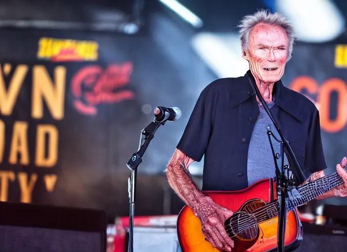 Image similar to photo still of clint eastwood on stage at vans warped tour!!!!!!!! at age 6 8 years old 6 8 years of age!!!!!!!! playing a piano on fire, 8 k, 8 5 mm f 1. 8, studio lighting, rim light, right side key light