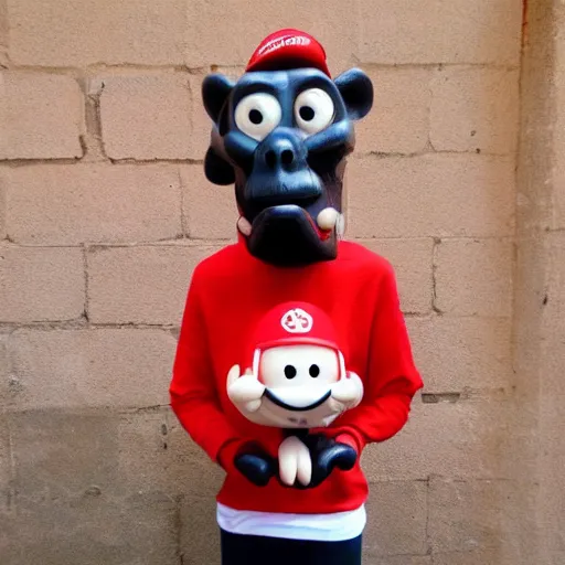 Image similar to chilled kong with red headphones on holding a amanita muscaria made by banksy