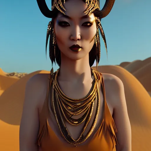 Image similar to giesha demon, innovative avant-garde art, deco fashion, asian women, highly detailed, photorealistic portrait, serene desert setting, golden hour, crisp quality and light reflections, unreal engine 5 quality render