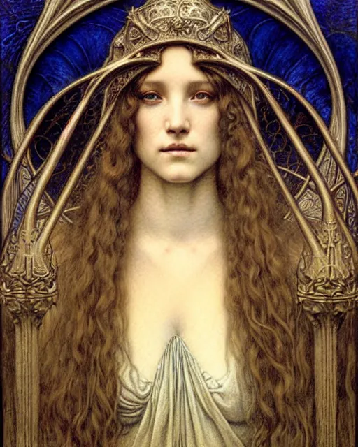 Image similar to detailed realistic beautiful young medieval queen face portrait by jean delville, gustave dore and marco mazzoni, art nouveau, symbolist, visionary, gothic, pre - raphaelite. horizontal symmetry