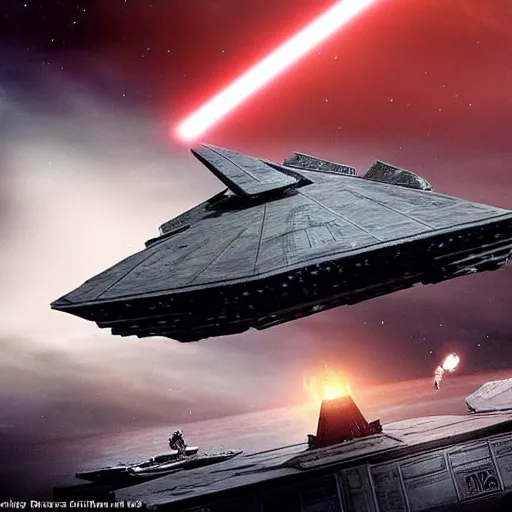 Image similar to a star destroyer being brought down by one powerful jedi, moons in the background