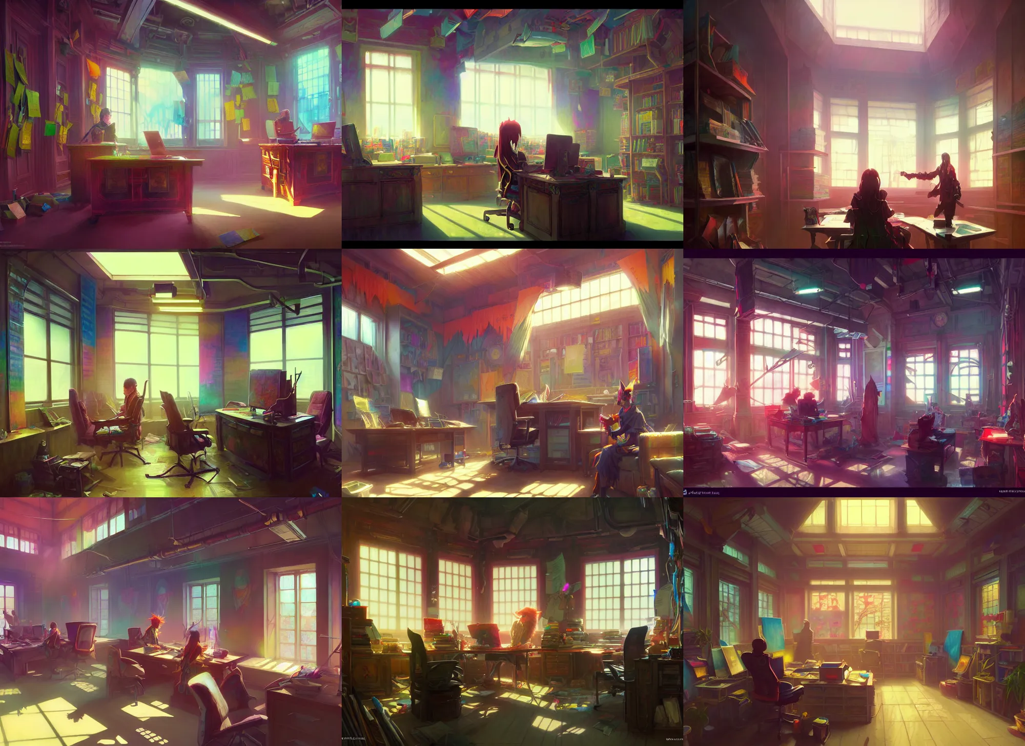 Prompt: slightly colorful interior of an office belonging to a senior member of the kitsune adventurer's guild, anime, a fantasy digital painting by greg rutkowski and james gurney, trending on artstation, highly detailed