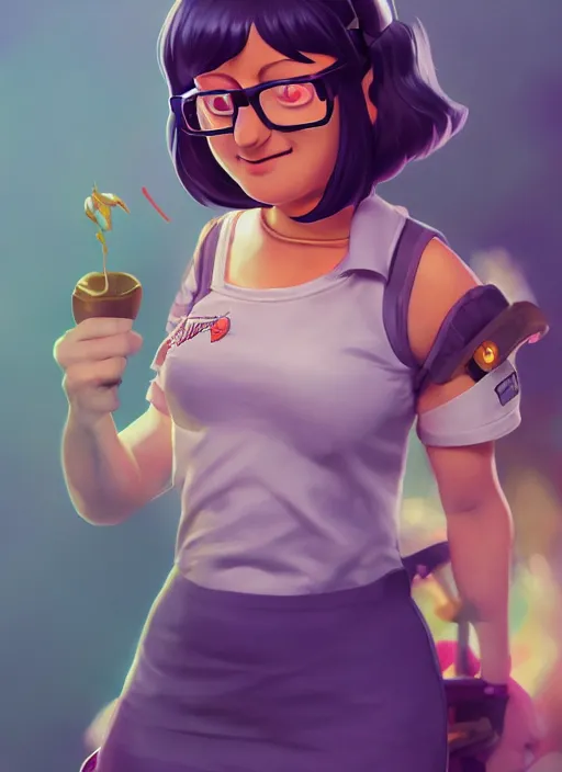 Image similar to tina belcher as a character from league of legends, hyper detailed, digital art, overhead view, trending in artstation, studio quality, smooth render, unreal engine 5 rendered, octane rendered, art style by klimt and nixeu and ian sprigger and wlop and krenz cushart