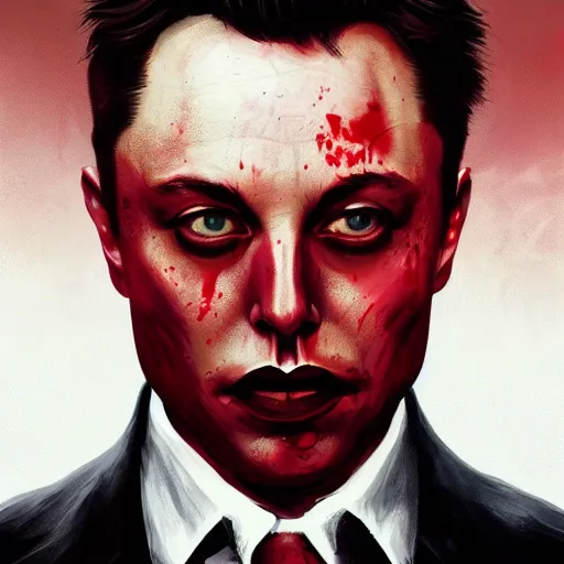 Prompt: portrait of elon musk upper body in bloody business suit, blood red eyes, vampire fangs, fantasy, intricate, elegant, highly detailed, digital painting, artstation, concept art, matte, sharp focus, illustration, art by aenaluck and roberto ferri and greg rutkowski, epic fantasy, digital painting